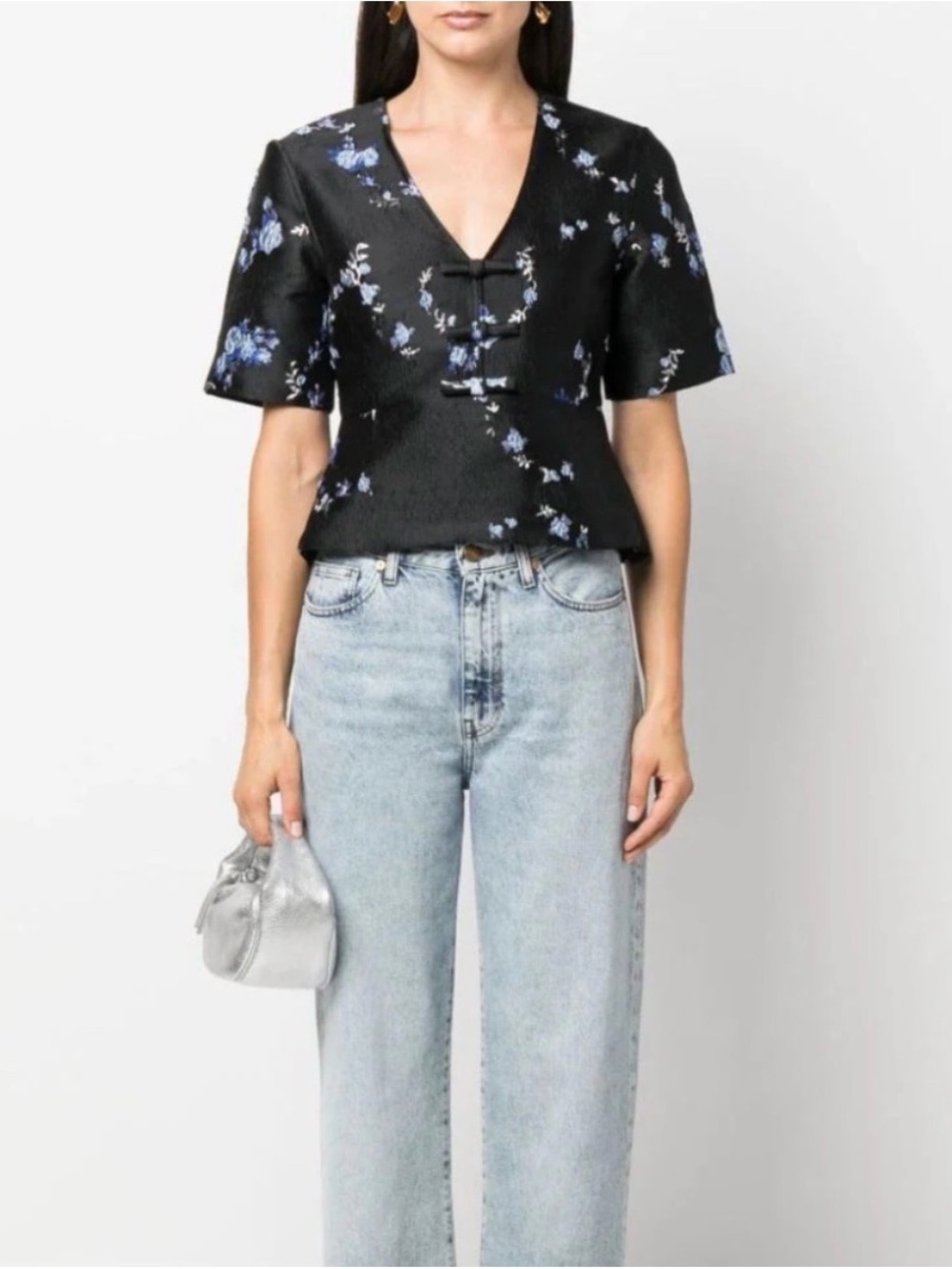 Ganni Black Short-Sleeve V-Neck Top with Blue Floral Print